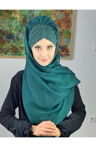 Sultan Model Fransız Şifon Büzgülü Şal ARA17ŞAL1-08 Zümrüt Yeşili