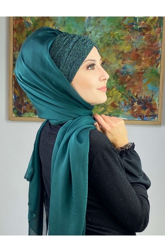 Sultan Model Fransız Şifon Büzgülü Şal ARA17ŞAL1-08 Zümrüt Yeşili