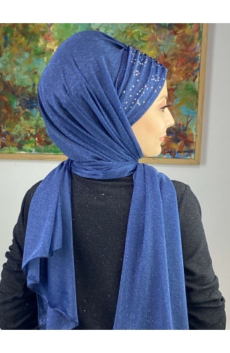 Geraffter Schal Aus Silbrigem Chiffon Modell Sultan SEARCH17SHAL38-10 Marineblau 17ŞAL38-10