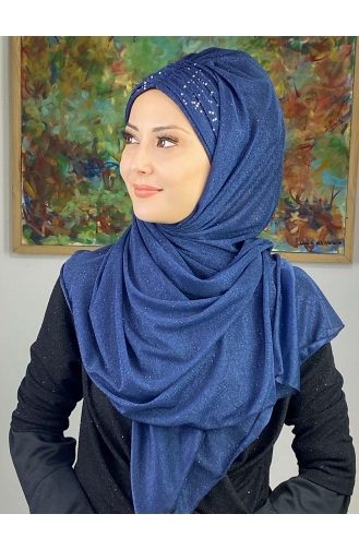 Sultan Model Silvery Chiffon Gathered Shawl SEARCH17SHAL38-10 Navy Blue 17ŞAL38-10