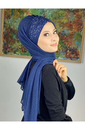 Sultan Model Silvery Chiffon Gathered Shawl SEARCH17SHAL38-10 Navy Blue 17ŞAL38-10