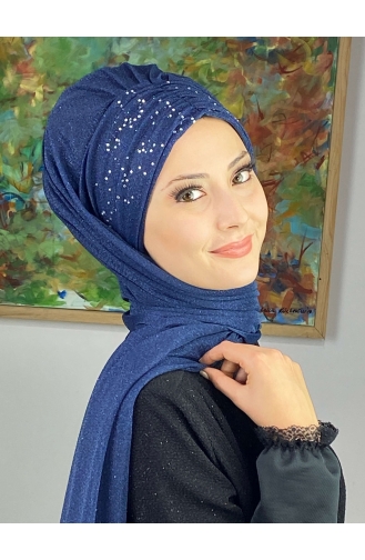 Sultan Model Silvery Chiffon Gathered Shawl SEARCH17SHAL38-10 Navy Blue 17ŞAL38-10