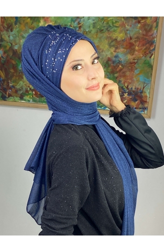 Sultan Model Silvery Chiffon Gathered Shawl SEARCH17SHAL38-10 Navy Blue 17ŞAL38-10