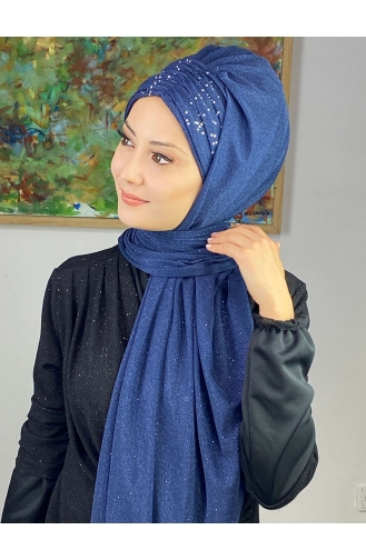 Sultan Model Silvery Chiffon Gathered Shawl SEARCH17SHAL38-10 Navy Blue 17ŞAL38-10