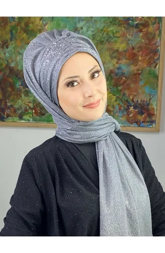 Sultan Model Simli Şifon Büzgülü Şal ARA17ŞAL38-06 Gri