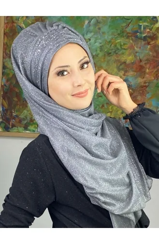 Sultan Model Simli Şifon Büzgülü Şal ARA17ŞAL38-06 Gri