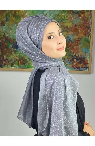 Sultan Model Simli Şifon Büzgülü Şal ARA17ŞAL38-06 Gri