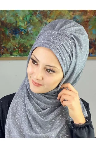 Sultan Model Simli Şifon Büzgülü Şal ARA17ŞAL38-06 Gri
