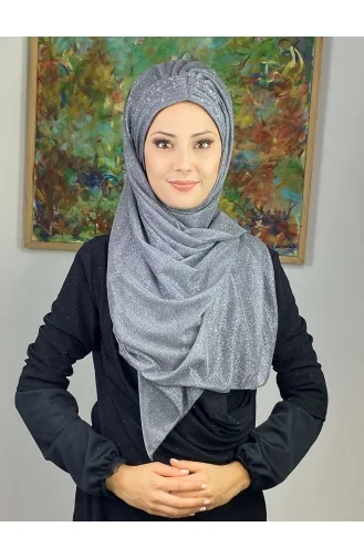 Sultan Model Simli Şifon Büzgülü Şal ARA17ŞAL38-06 Gri