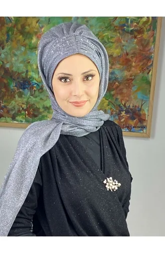 Sultan Model Simli Şifon Büzgülü Şal ARA17ŞAL38-06 Gri