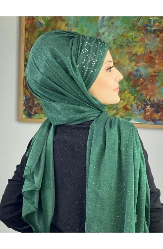 Sultan Model Simli Şifon Büzgülü Şal ARA17ŞAL38-07 Zümrüt Yeşili