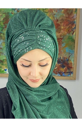 Sultan Model Simli Şifon Büzgülü Şal ARA17ŞAL38-07 Zümrüt Yeşili