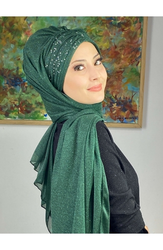 Sultan Model Simli Şifon Büzgülü Şal ARA17ŞAL38-07 Zümrüt Yeşili