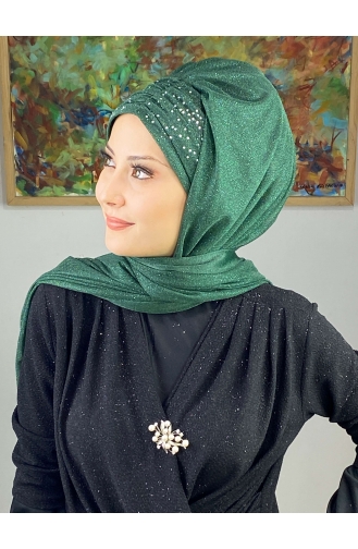 Sultan Model Simli Şifon Büzgülü Şal ARA17ŞAL38-07 Zümrüt Yeşili