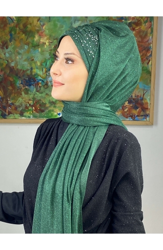 Sultan Model Simli Şifon Büzgülü Şal ARA17ŞAL38-07 Zümrüt Yeşili