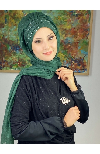 Sultan Model Simli Şifon Büzgülü Şal ARA17ŞAL38-07 Zümrüt Yeşili
