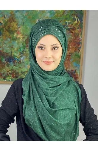 Sultan Model Simli Şifon Büzgülü Şal ARA17ŞAL38-07 Zümrüt Yeşili