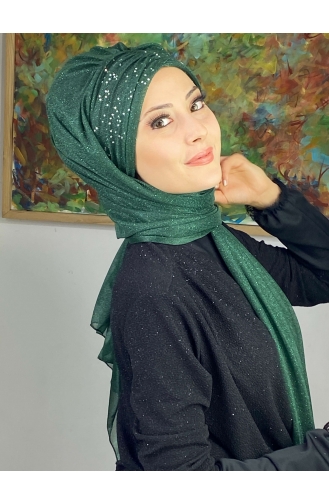 Sultan Model Simli Şifon Büzgülü Şal ARA17ŞAL38-07 Zümrüt Yeşili