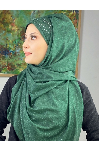 Sultan Model Simli Şifon Büzgülü Şal ARA17ŞAL38-07 Zümrüt Yeşili