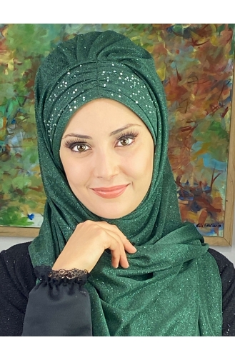Sultan Model Simli Şifon Büzgülü Şal ARA17ŞAL38-07 Zümrüt Yeşili