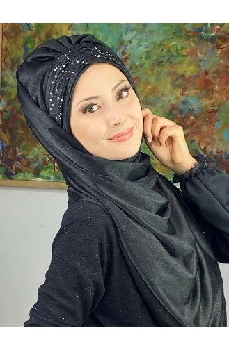 Sultan Model Simli Şifon Büzgülü Şal ARA17ŞAL38-09 Siyah