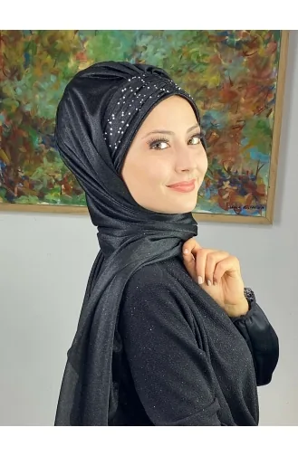 Sultan Model Simli Şifon Büzgülü Şal ARA17ŞAL38-09 Siyah