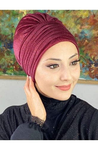 Topkapı Bonnet Extérieur Drapé Croisé Argenté 48ARA181222-03 Rouge Claret 48ARA181222-03