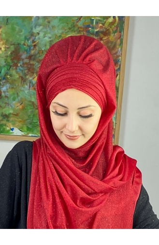 Topkapı Silvery Cross Draped Ready Made Shawl ARA17SHAL64-02 Red 17ŞAL64-02