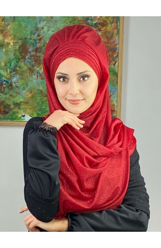 Topkapı Silvery Cross Draped Ready Made Shawl ARA17SHAL64-02 Red 17ŞAL64-02