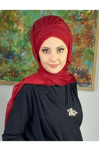 Topkapı Silvery Cross Draped Ready Made Shawl ARA17SHAL64-02 Red 17ŞAL64-02