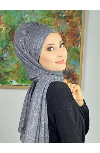 Topkapı Simli Çapraz Drapeli Hazır Şal ARA17ŞAL64-03 Gri