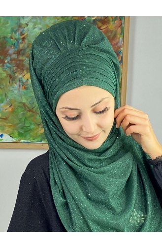 Topkapı Silvery Cross Draped Ready Made Shawl ARA17SHAL64-06 Emerald Green 17ŞAL64-06