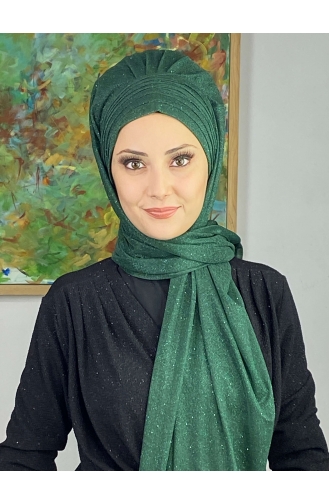 Topkapı Silvery Cross Draped Ready Made Shawl ARA17SHAL64-06 Emerald Green 17ŞAL64-06