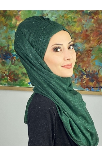 Topkapı Silvery Cross Draped Ready Made Shawl ARA17SHAL64-06 Emerald Green 17ŞAL64-06