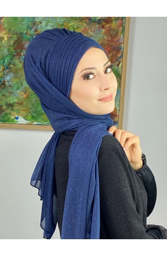 Topkapı Silvery Cross Draped Ready Shawl SEARCH17SHAL64-07 Navy Blue 17ŞAL64-07