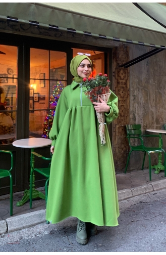 Ceylan Otantik 3 İplik Fermuarlı Elbise 00233-04 Fıstık Yeşili