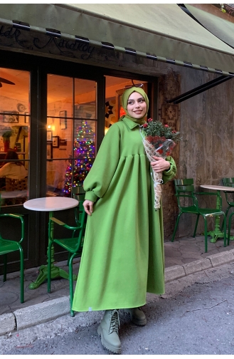 Ceylan Otantik 3 İplik Fermuarlı Elbise 00233-04 Fıstık Yeşili