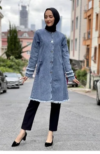 Püsküllü Kot Ceket Açık Mavi