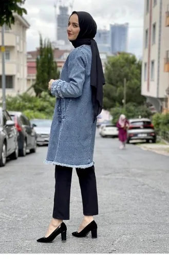 Püsküllü Kot Ceket Açık Mavi