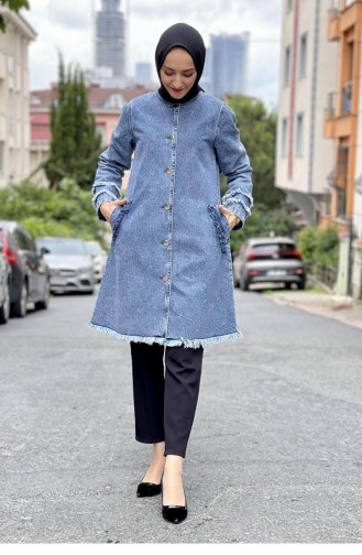 Püsküllü Kot Ceket Açık Mavi