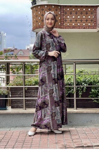 Desenli Tesettür Elbise Lila