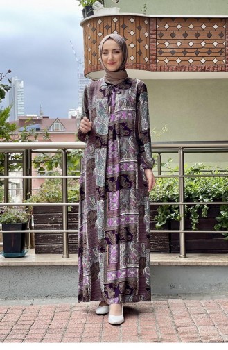 Desenli Tesettür Elbise Lila
