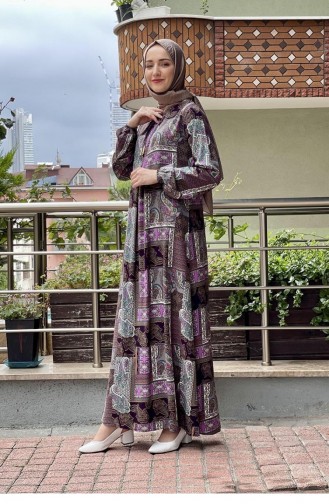 Desenli Tesettür Elbise Lila
