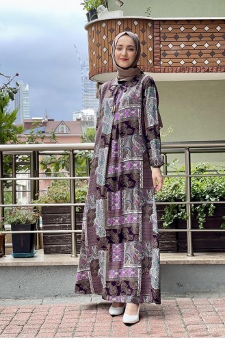 Desenli Tesettür Elbise Lila