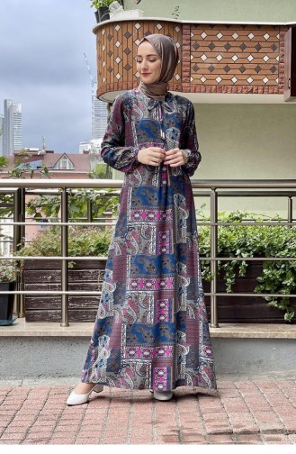 Desenli Tesettür Elbise Saks Mavisi