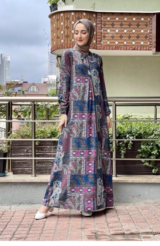 Desenli Tesettür Elbise Saks Mavisi