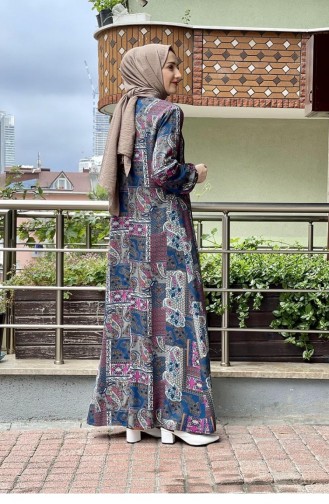 Desenli Tesettür Elbise Saks Mavisi