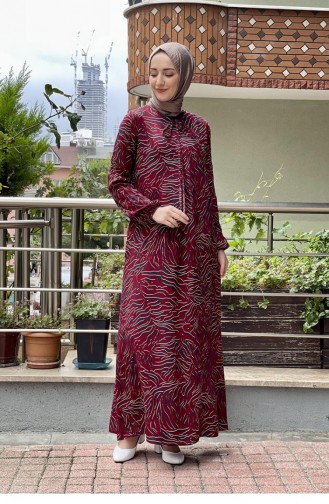 Yakası Bağcıklı Tesettür Elbise Bordo