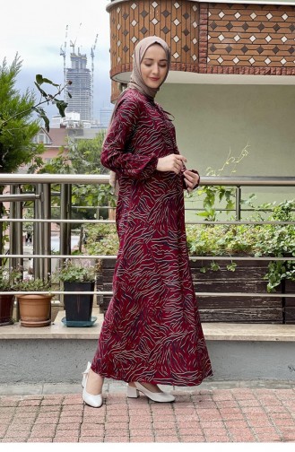 Yakası Bağcıklı Tesettür Elbise Bordo