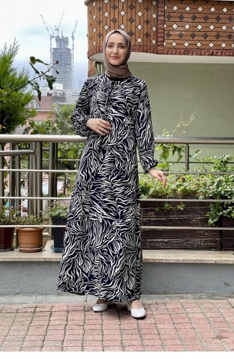 Yakası Bağcıklı Tesettür Elbise Lacivert